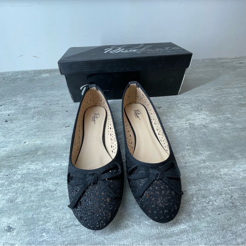 Perfecto Collection Ballet Flats Women 7 Black Glitter Laser Cut‎ Bow
